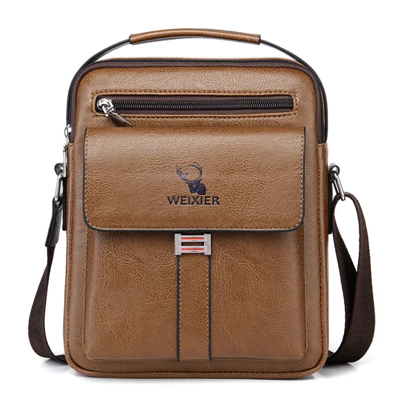 Brown leather Weixier mens crossbody bag with front flap pocket and adjustable strap