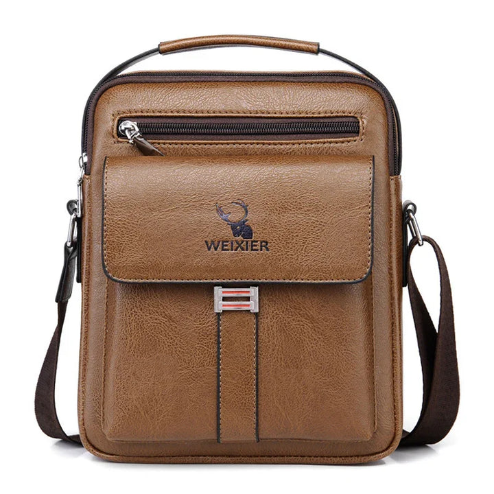 Brown leather Weixier mens crossbody bag with front flap pocket and adjustable strap