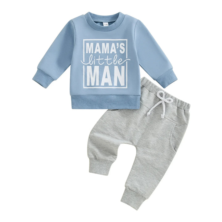 Baby boy outfit with blue sweatshirt saying Mama's little man and gray sweatpants with drawstring