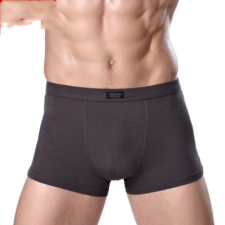 muscular male torso wearing dark gray YaChen boxer briefs on white background