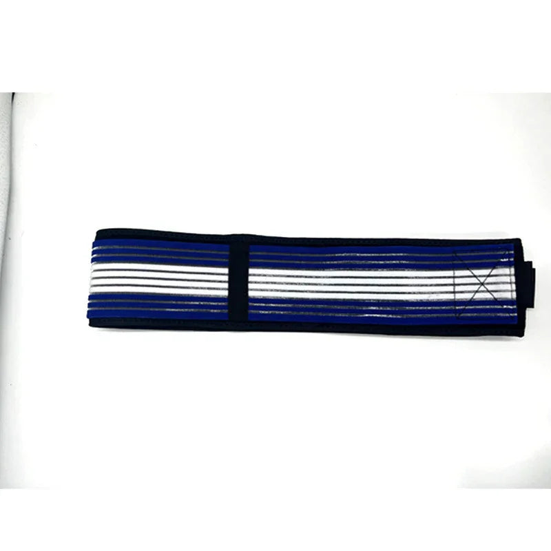 Blue and white striped elastic weightlifting wrist wrap on a white background