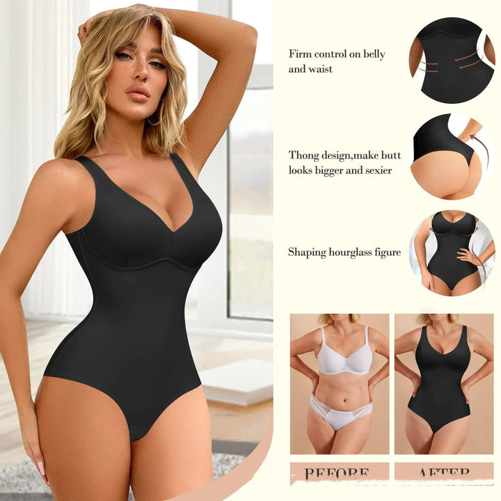 Woman wearing black shaping bodysuit with firm belly and waist control, thong design, hourglass figure