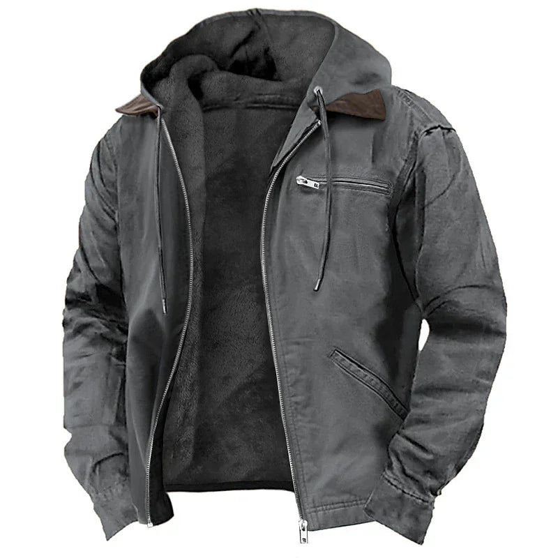gray leather jacket with zip front and soft fleece lining, featuring brown collar accents and zippered pockets