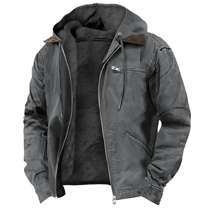 gray leather jacket with zip front and soft fleece lining, featuring brown collar accents and zippered pockets