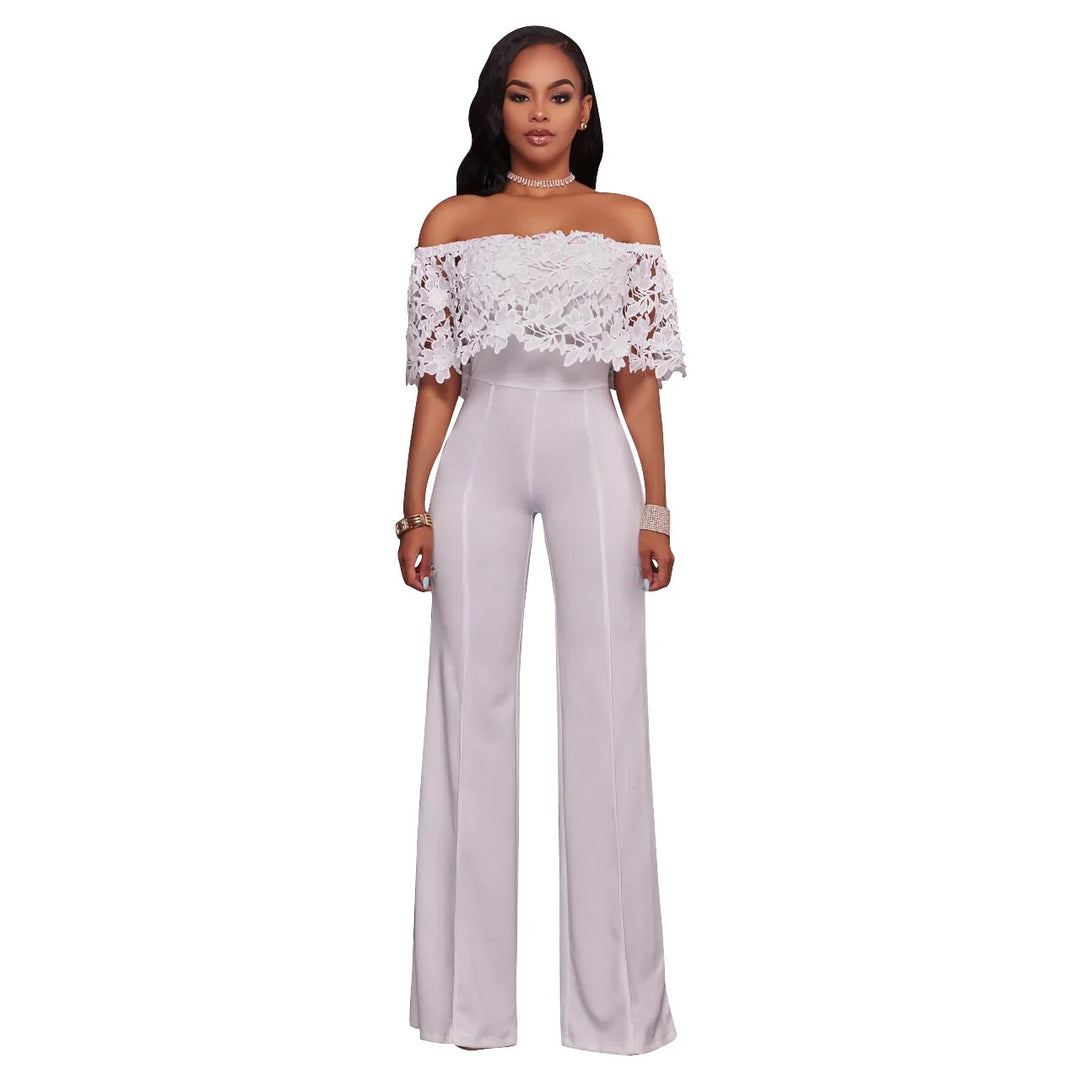 Woman wearing elegant white off-shoulder lace top and high-waisted wide-leg pants on white background