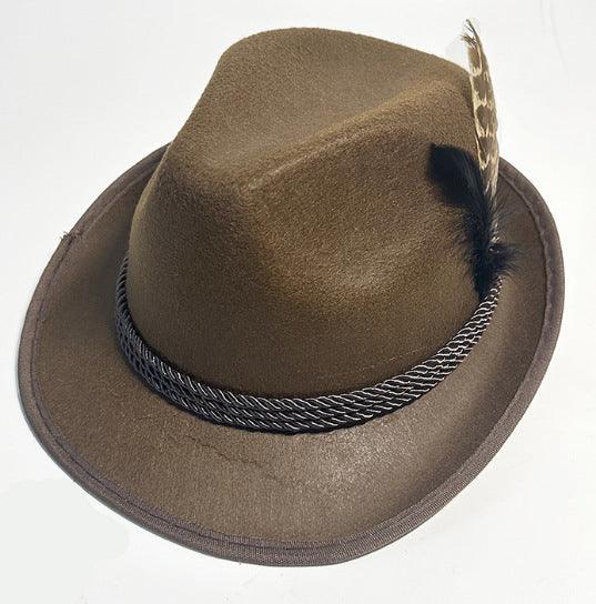 Brown felt fedora hat with braided band and decorative feathers on white background