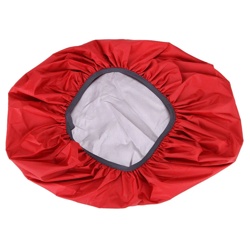 Red waterproof bicycle seat cover with elastic edge on white background