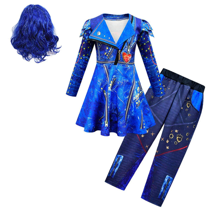 Blue costume set with jacket dress, pants featuring zipper and stud details, and matching curly blue wig