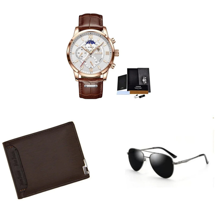 Men's fashion accessories set with brown leather watch, dark brown wallet, and black aviator sunglasses