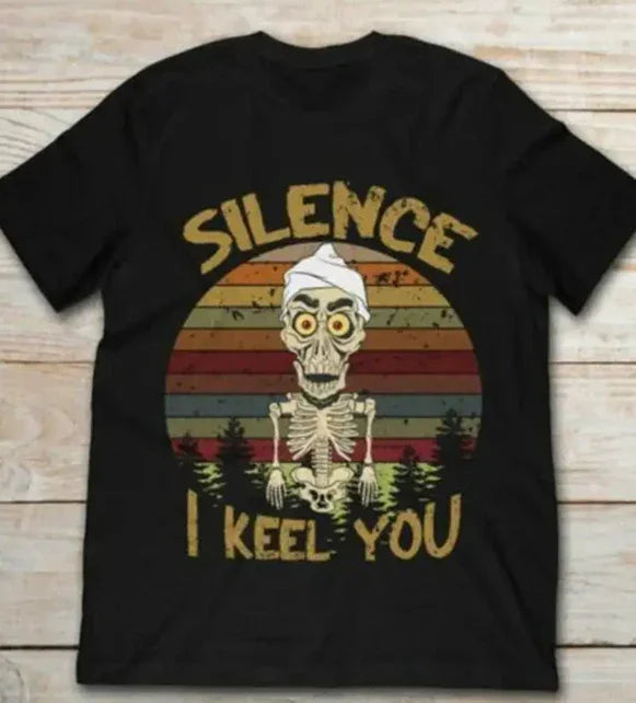 Black T-shirt with vintage retro sunset and skeleton wearing white cap, text saying Silence I Keel You