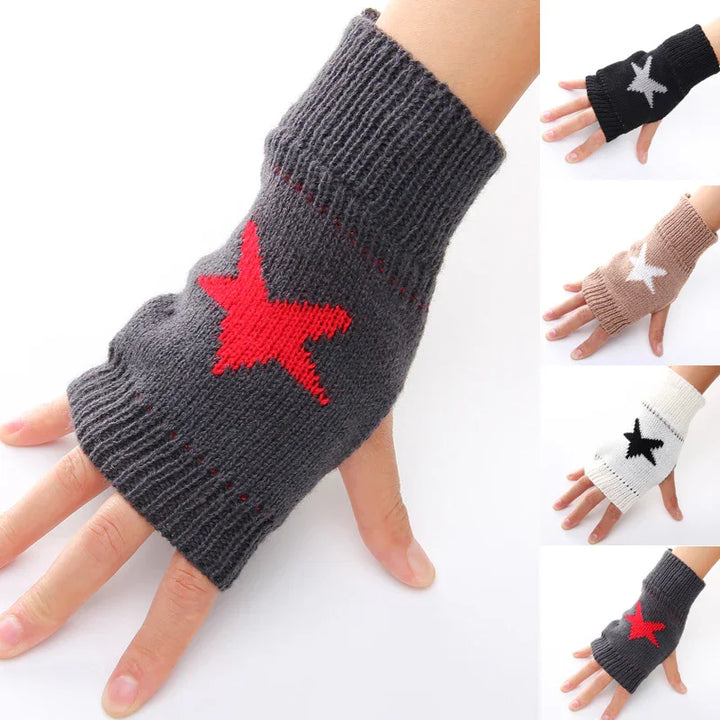 Knitted fingerless gloves in various colors featuring a large star design on the back of the hand