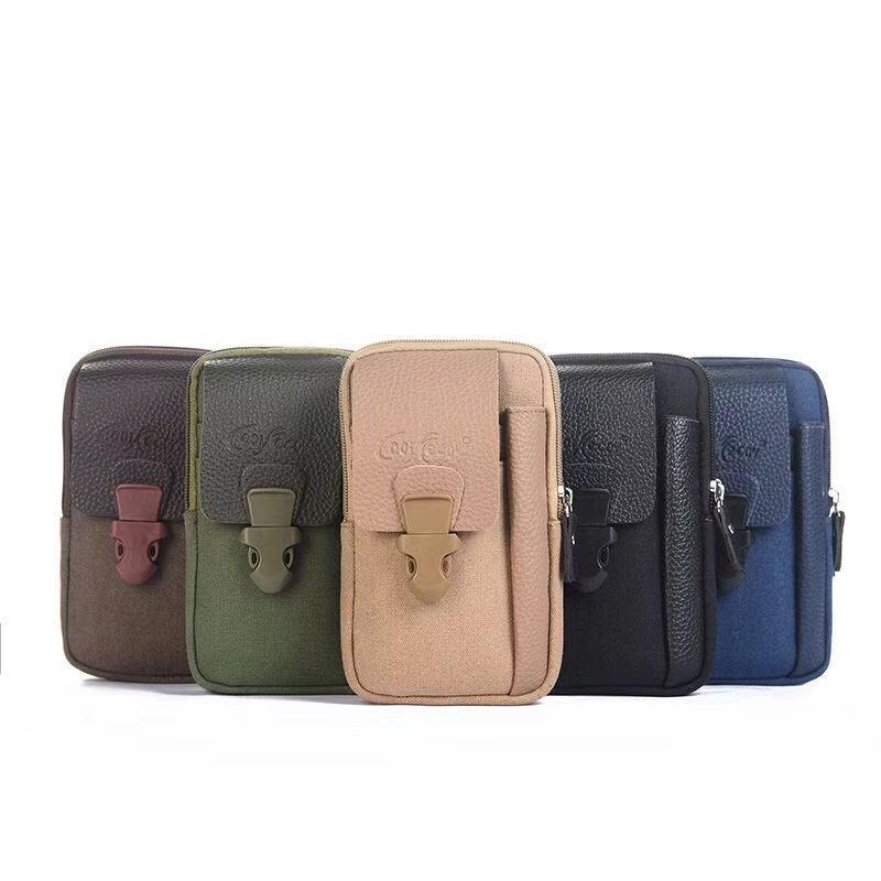 Collection of five compact leather and fabric pouches in brown, green, tan, black, and blue colors