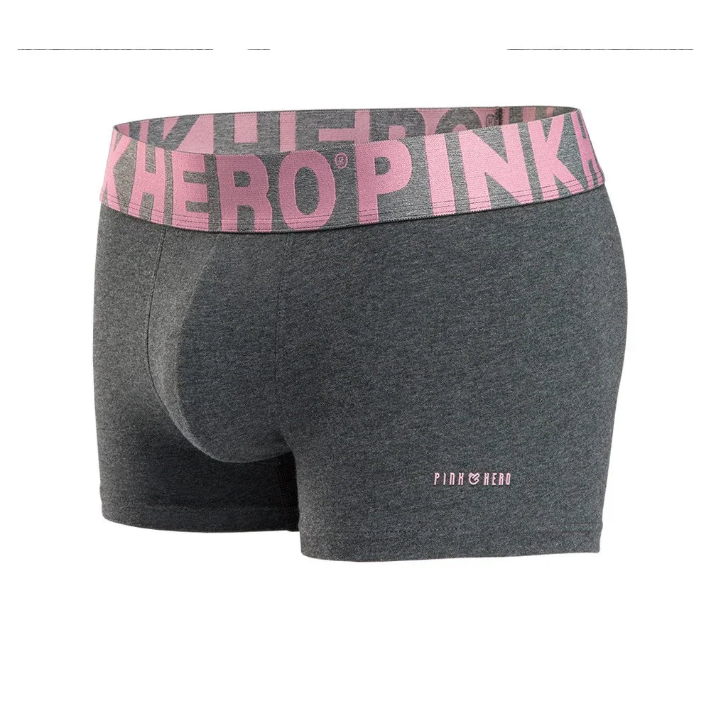 Grey men's boxer briefs with wide pink waistband branded Pink Hero