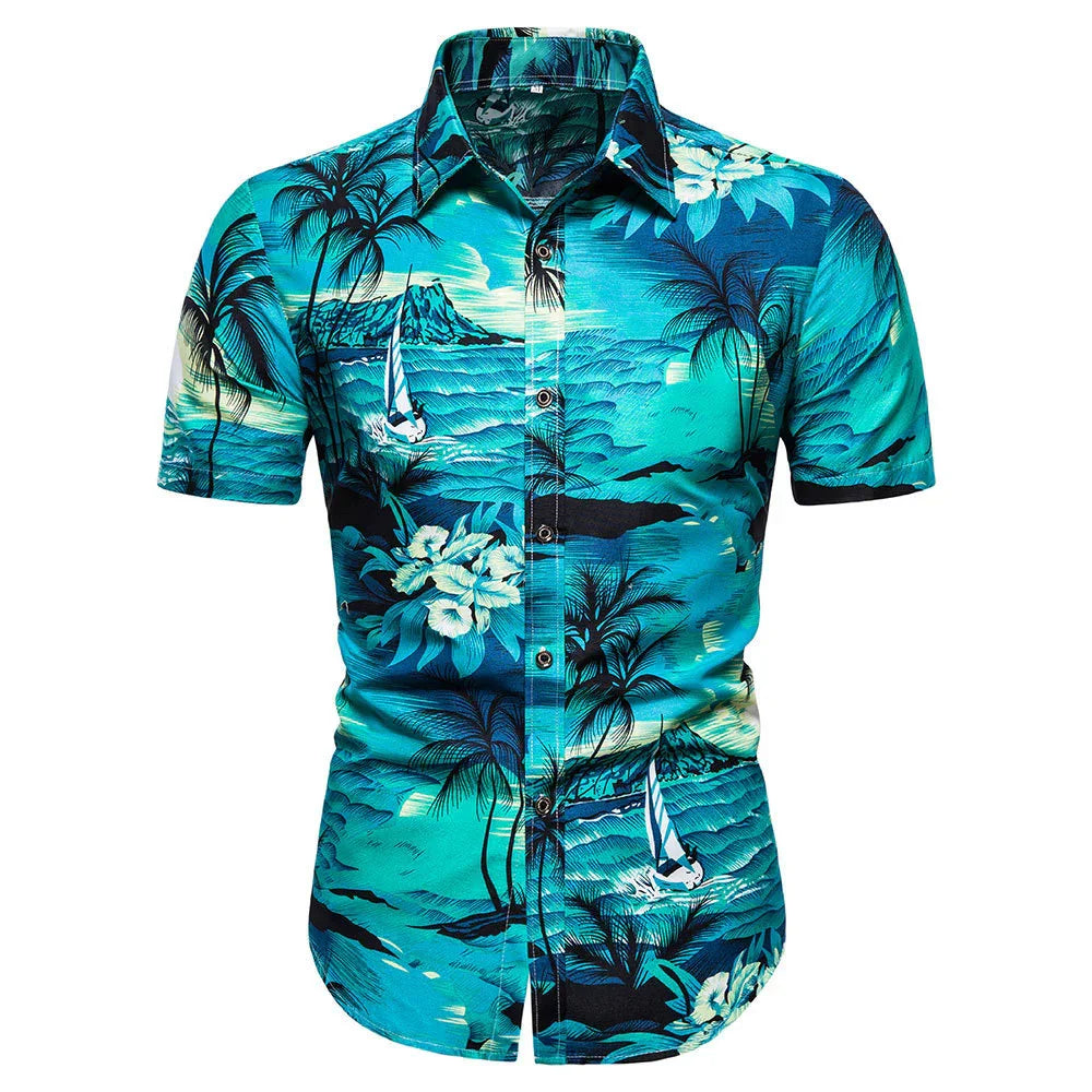 Turquoise short-sleeve Hawaiian shirt with tropical palm tree, sailboat, and floral print