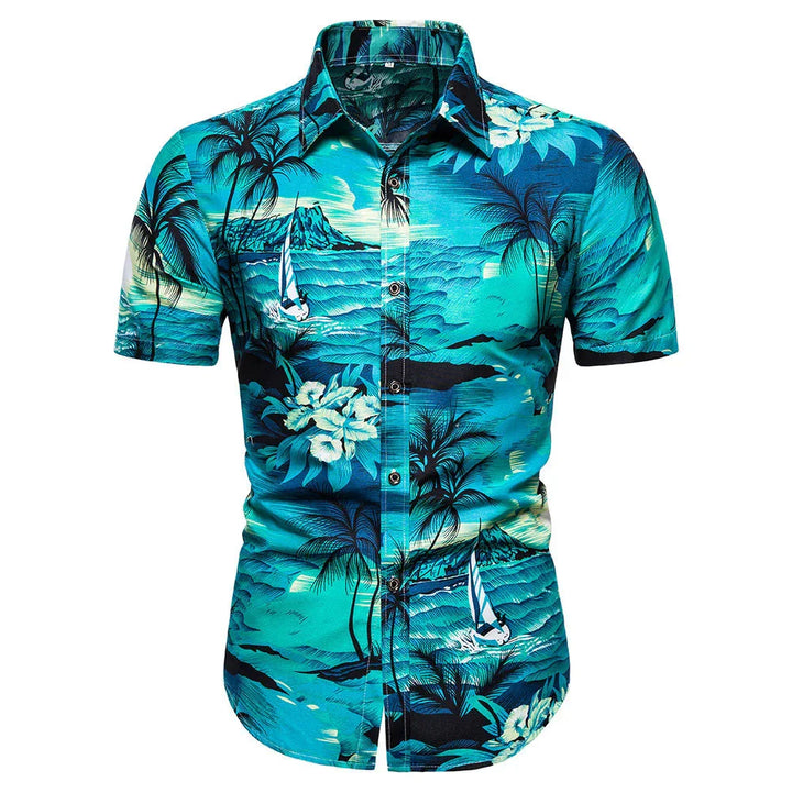 Turquoise short-sleeve Hawaiian shirt with tropical palm tree, sailboat, and floral print