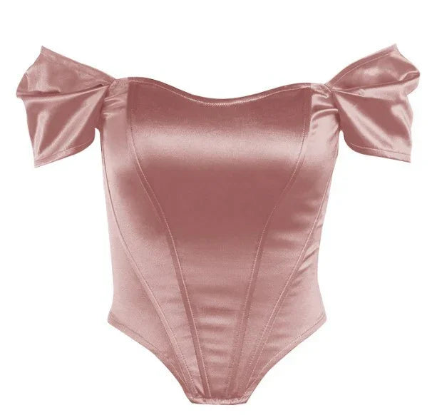 Pink satin off-shoulder corset top with puffed sleeves and structured seams