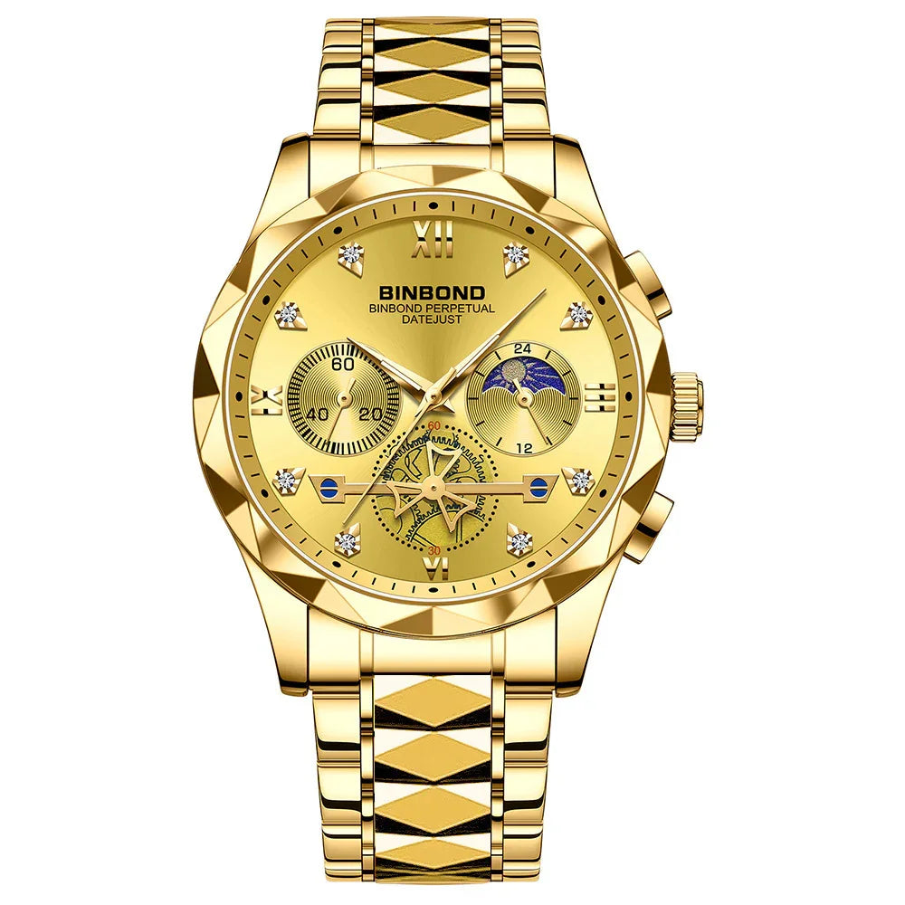 Gold BINBOND Perpetual Datejust men's wristwatch with diamond markers and patterned metal band