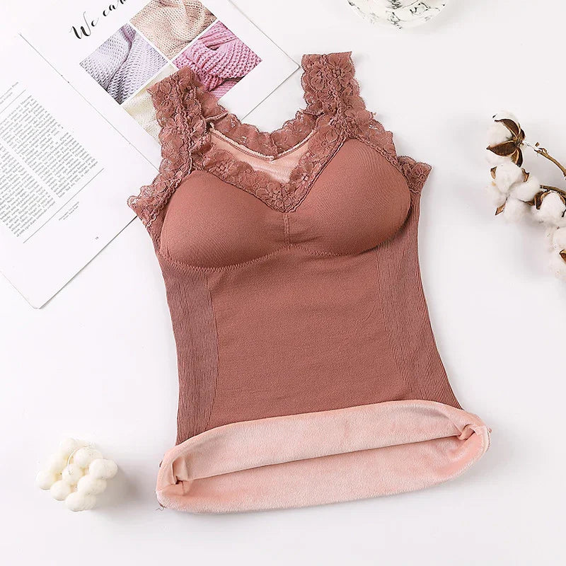 Lace-trimmed brown thermal camisole with soft pink inner lining on white surface