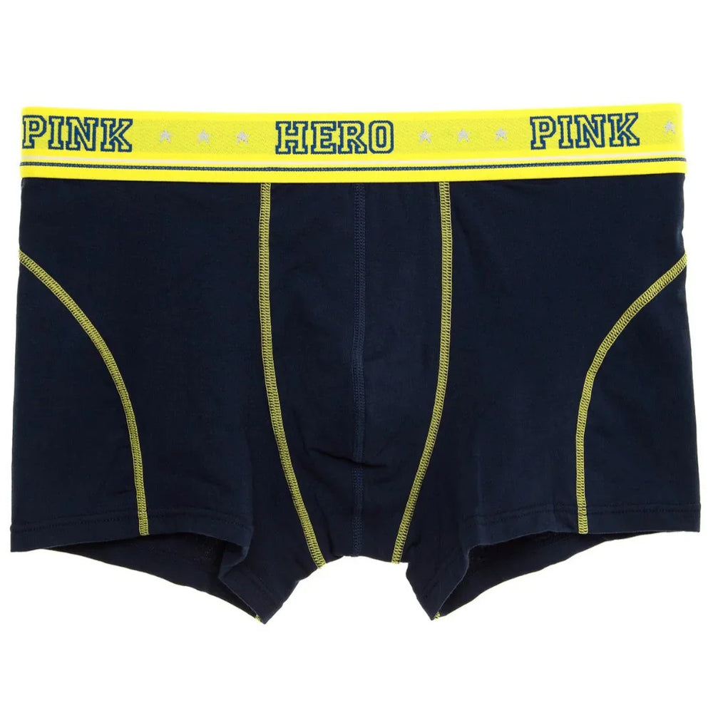 Navy blue men's boxer briefs with yellow stitching and yellow waistband labeled PINK HERO PINK