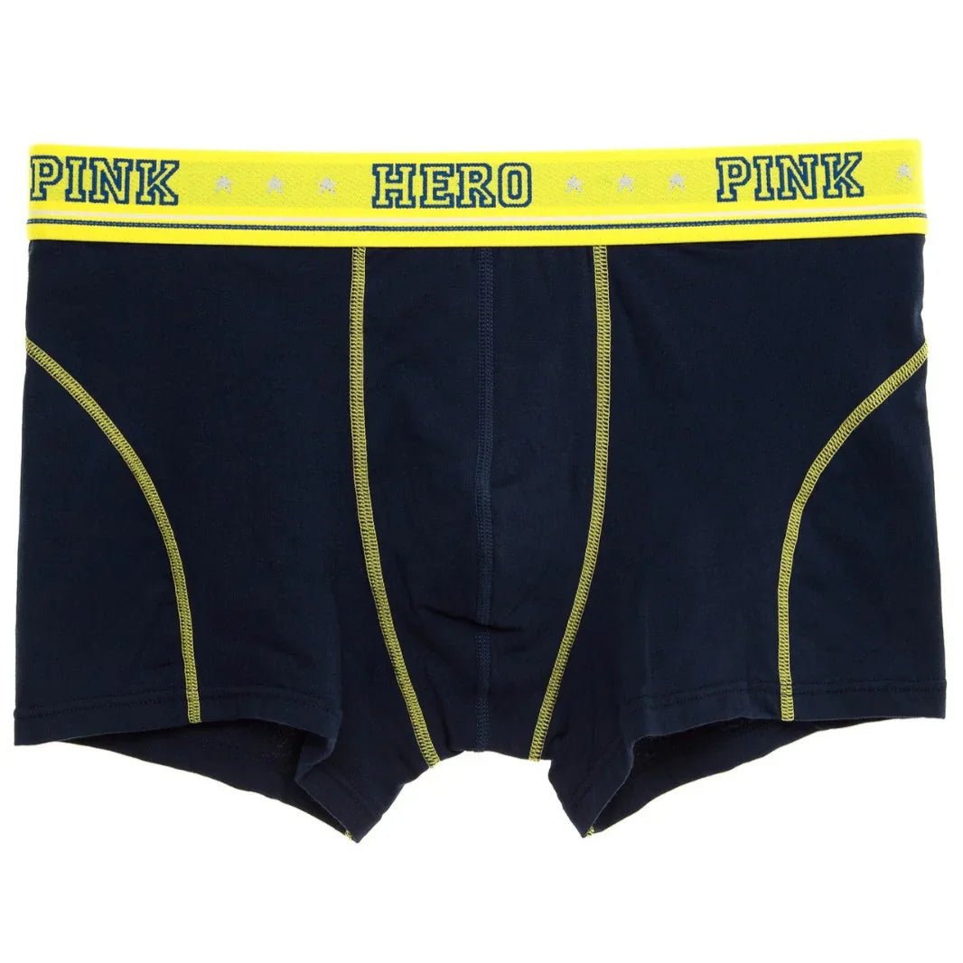Navy blue men's boxer briefs with yellow stitching and yellow waistband labeled PINK HERO PINK
