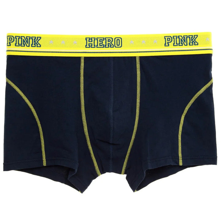 Navy blue men's boxer briefs with yellow stitching and yellow waistband labeled PINK HERO PINK