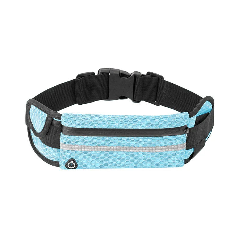 Light blue running belt with zippered pocket and adjustable black strap for outdoor fitness