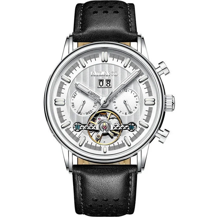 AILANG men's mechanical wristwatch with silver dial, black leather strap, date and day subdials