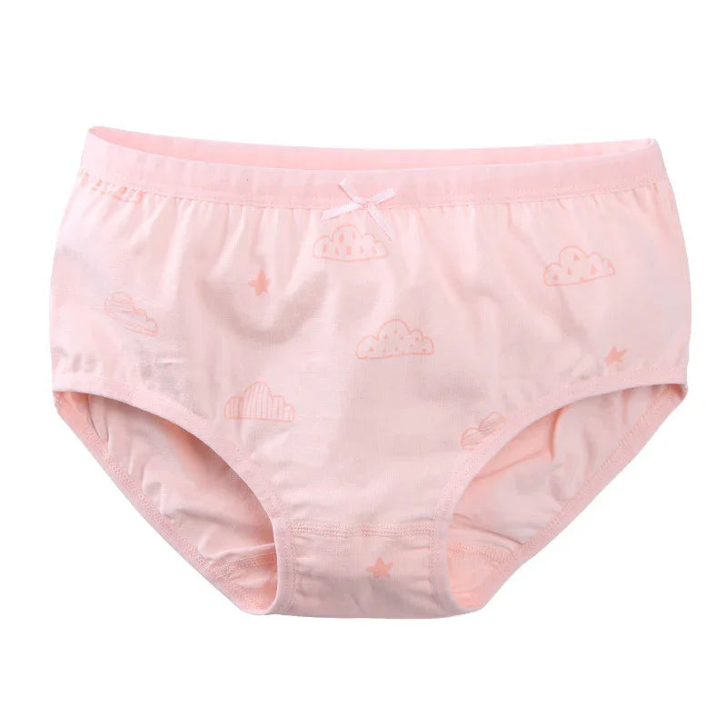 Soft pink girls' cotton underwear with cloud and star patterns and a small bow detail