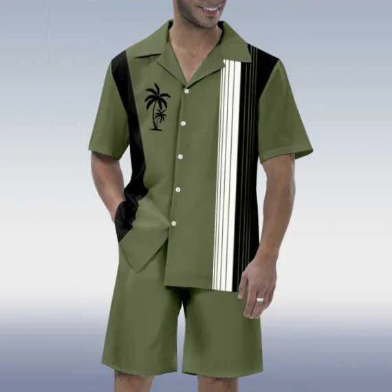 Men's olive green short-sleeve shirt and shorts set with palm tree and striped design