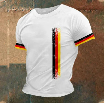 white t-shirt with vertical grunge black, red, yellow stripes and matching sleeve bands