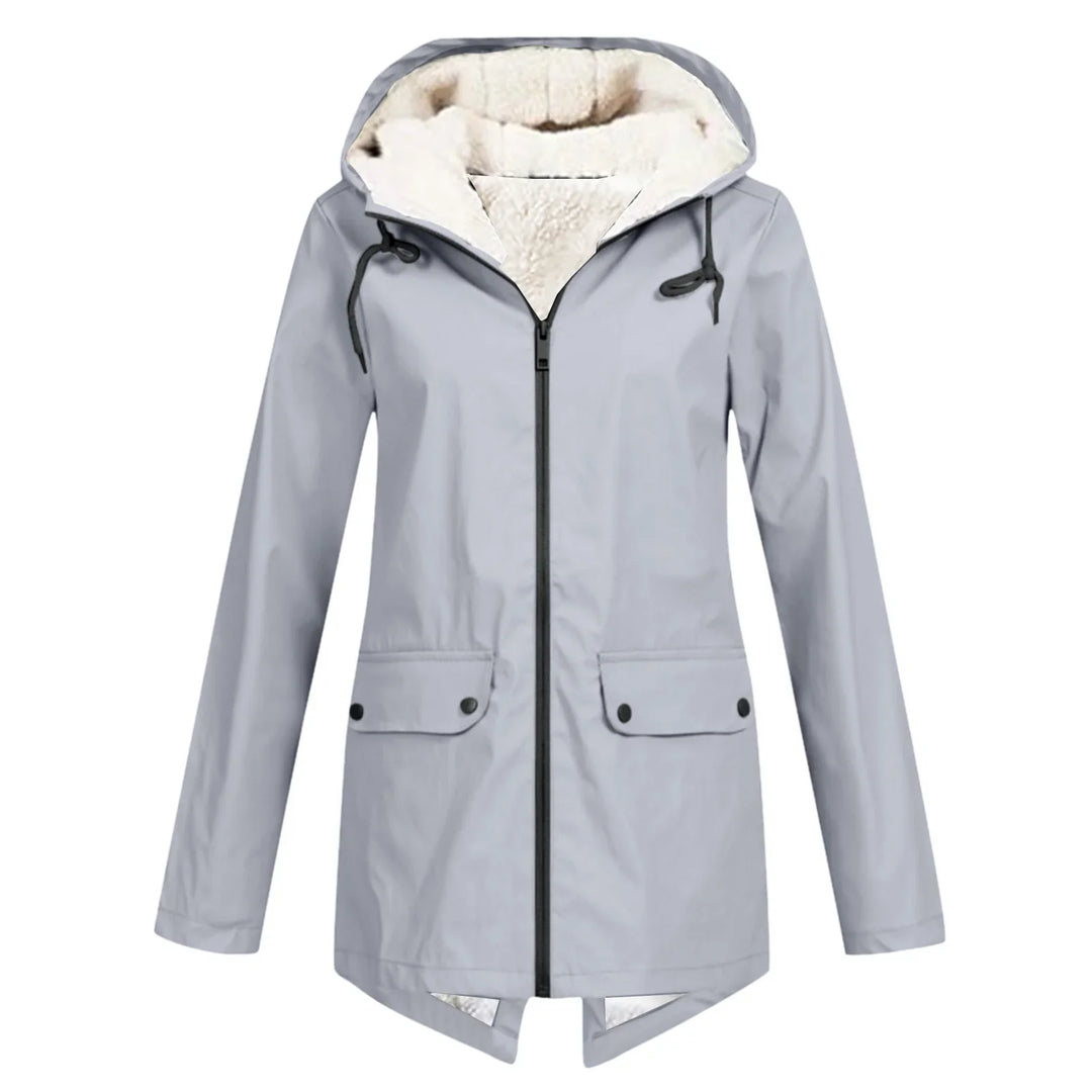 Light gray women's winter jacket with hood, front zipper, and fleece lining