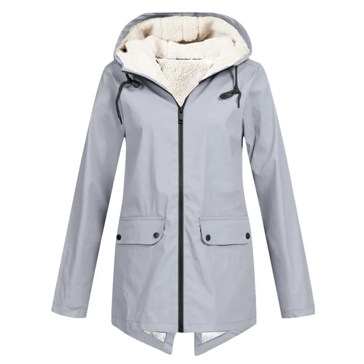 Light gray women's winter jacket with hood, front zipper, and fleece lining