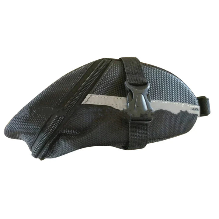 Black bike saddle bag with zipper, reflective strip, and buckle strap