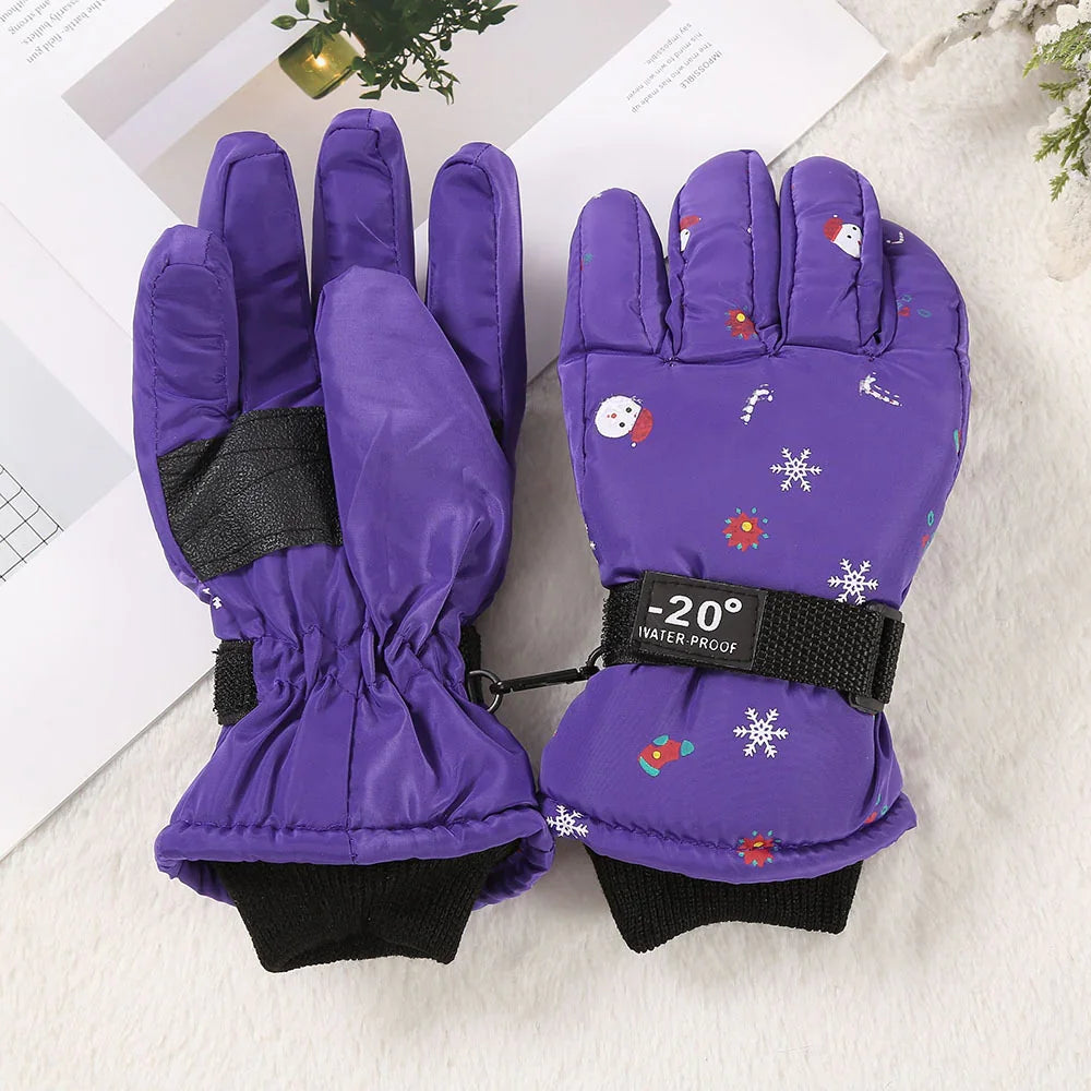 Purple insulated waterproof winter gloves with snowman and snowflake design and -20° label