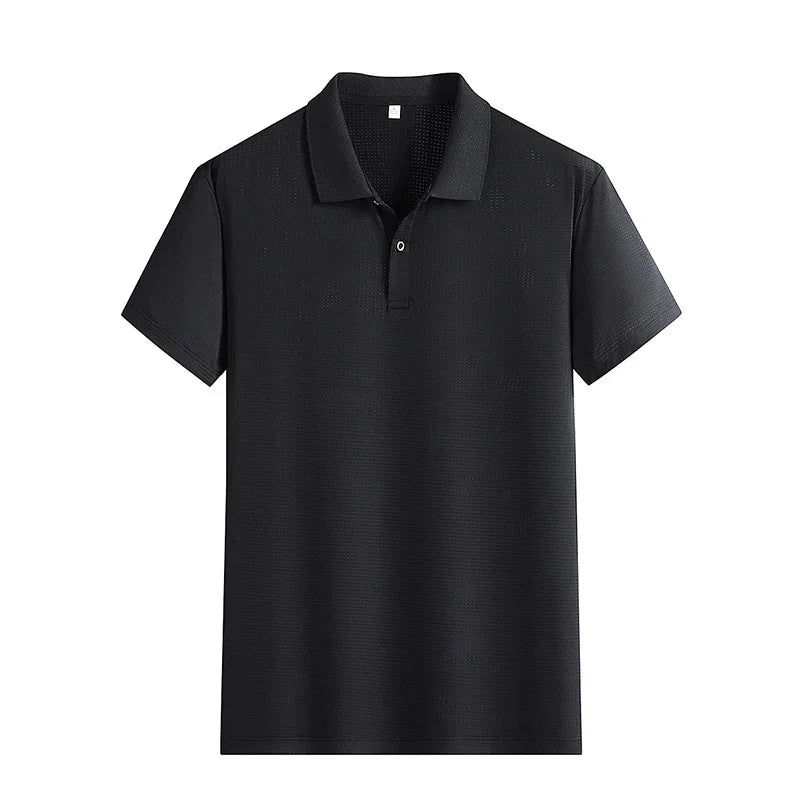 Black short-sleeve polo shirt with collar and two-button placket on white background