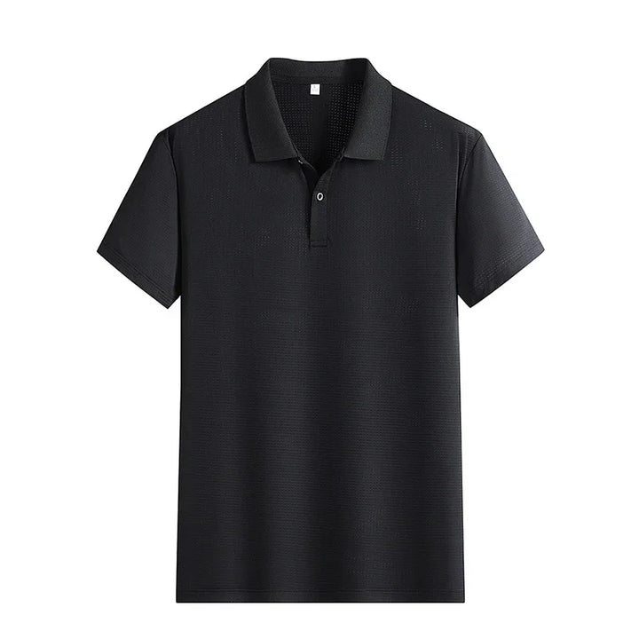 Black short-sleeve polo shirt with collar and two-button placket on white background