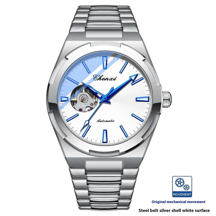 Chenxi automatic silver steel watch with white dial and blue hour markers and hands