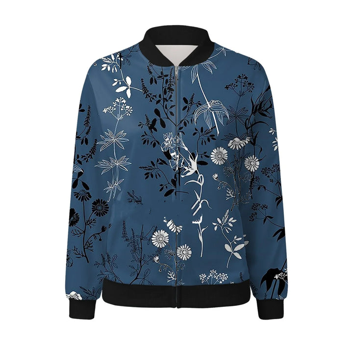 Blue bomber jacket with black and white floral print and black collar, cuffs, and hem