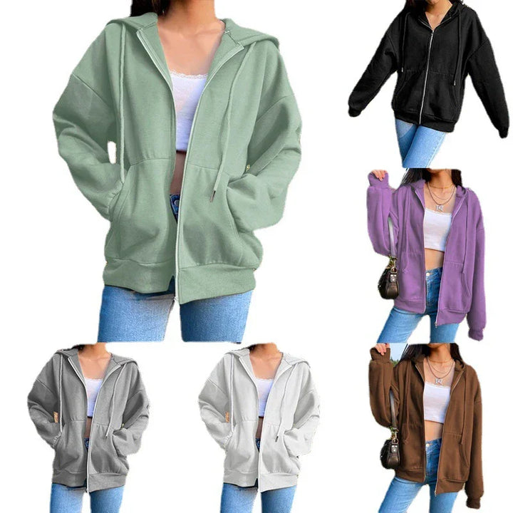 Women wearing casual zip-up hoodies in sage, black, purple, gray, white, and brown with pockets and drawstrings