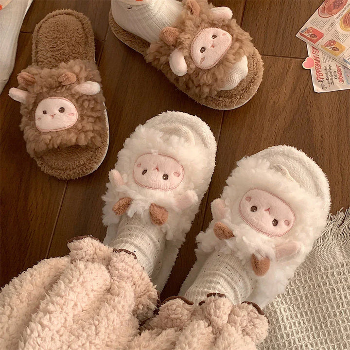 Cozy brown and white plush animal slippers worn with socks on wooden floor with soft textured beige clothing