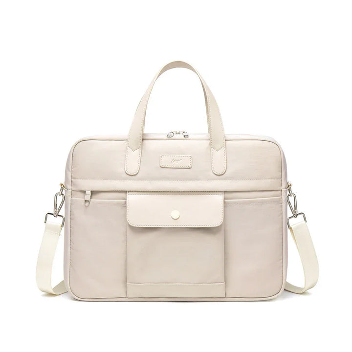 Beige laptop bag with handles and detachable shoulder strap, front pockets with zipper and flap