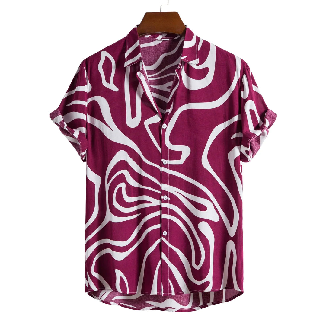 Maroon short sleeve button-up shirt with white abstract swirl pattern on hanger