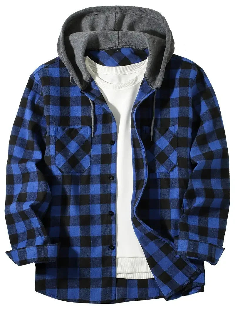 Blue and black checkered flannel shirt with grey hood and white inner sweatshirt