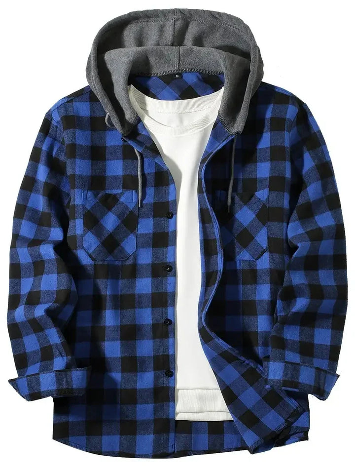 Blue and black checkered flannel shirt with grey hood and white inner sweatshirt