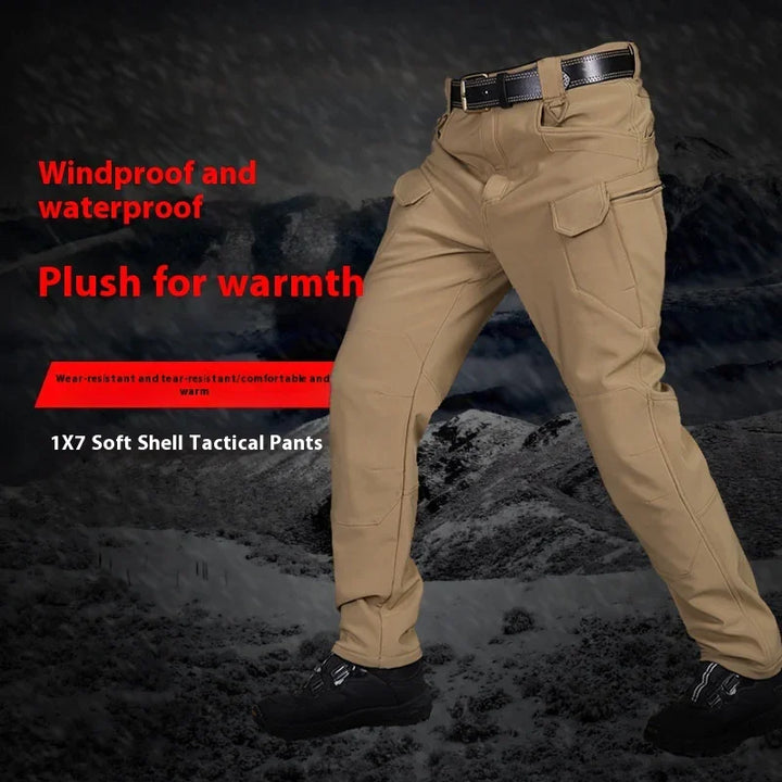 1X7 soft shell tactical pants in tan with black belt and boots, windproof waterproof, plush for warmth