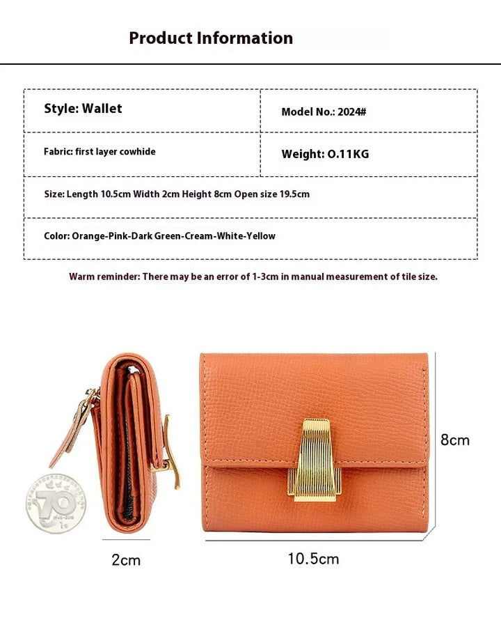 Orange compact wallet made of cowhide leather with gold clasp, dimensions 10.5x8x2cm
