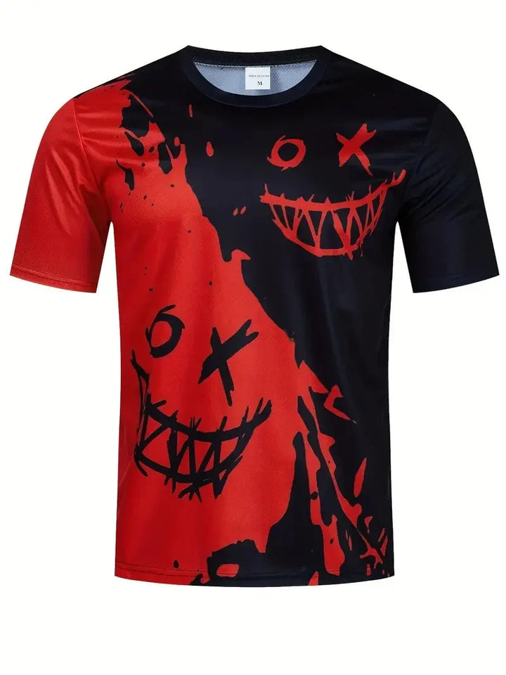 Black and red graphic t-shirt with two large scary faces featuring stitched eyes and sharp-toothed smiles