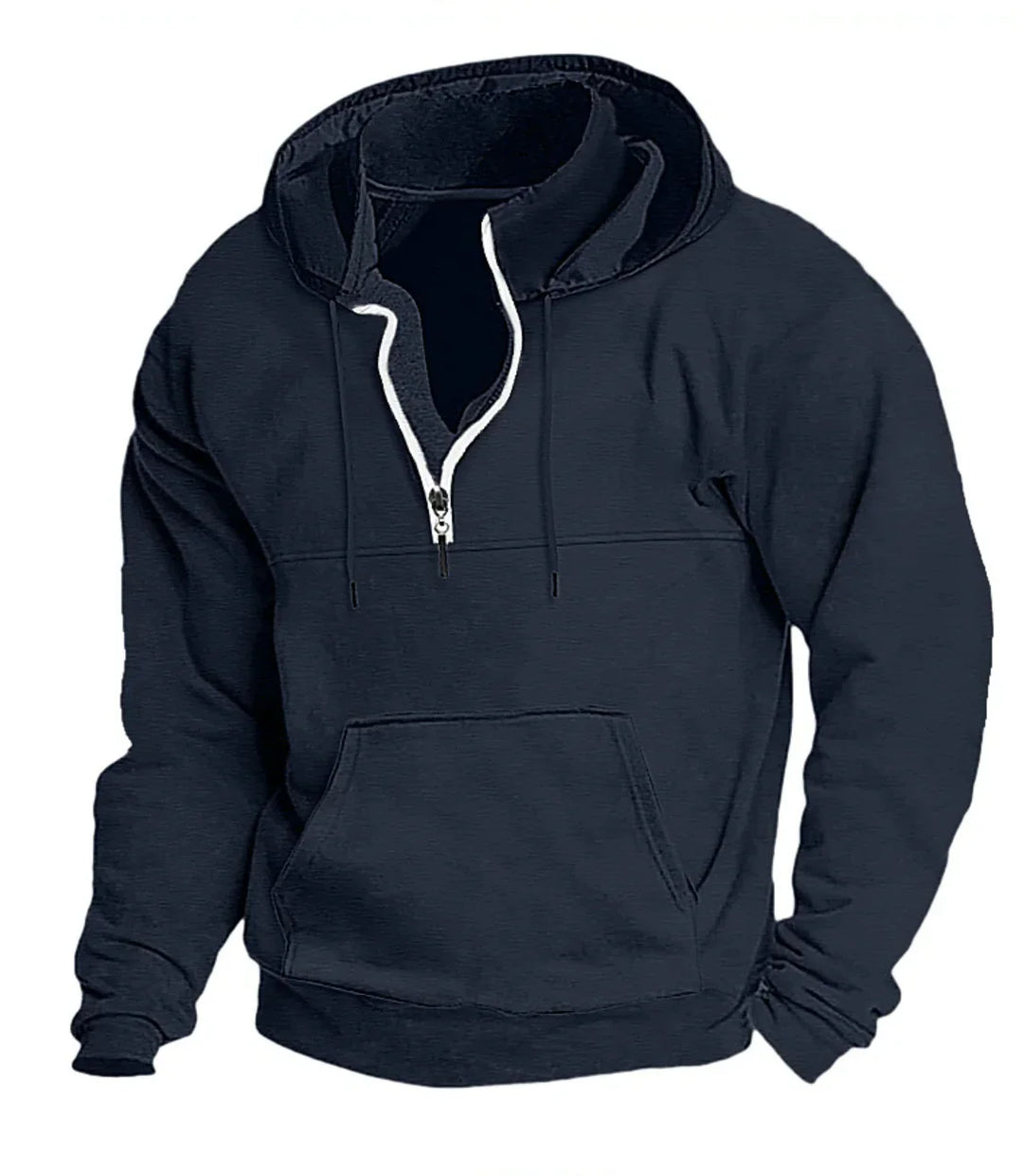 Dark navy blue half-zip hoodie with kangaroo pocket and drawstring hood