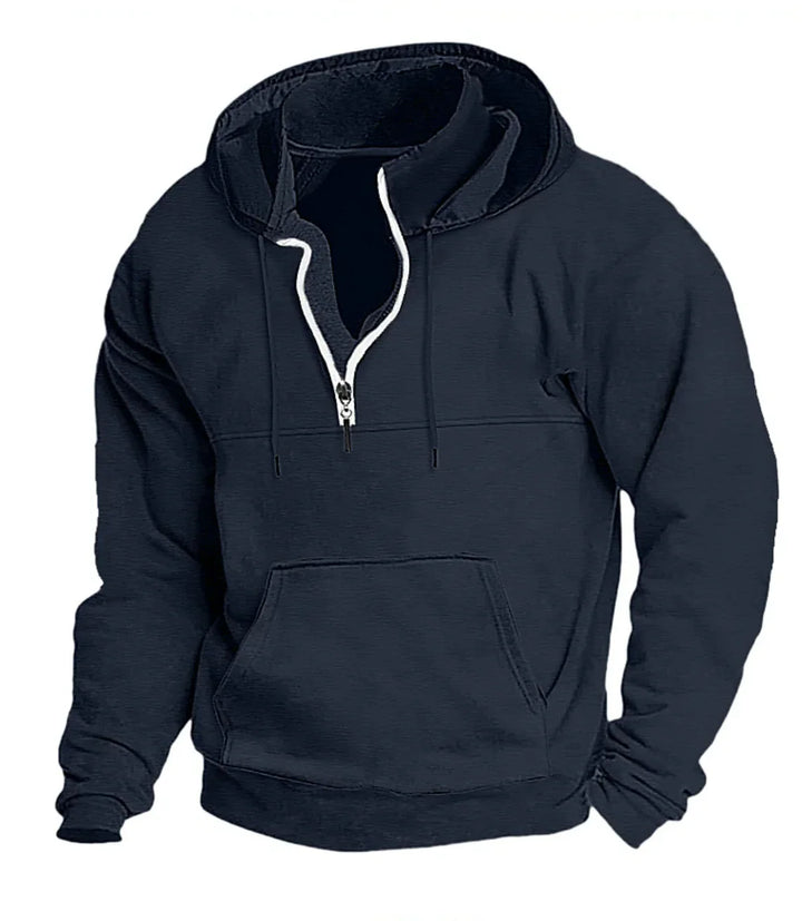 Dark navy blue half-zip hoodie with kangaroo pocket and drawstring hood