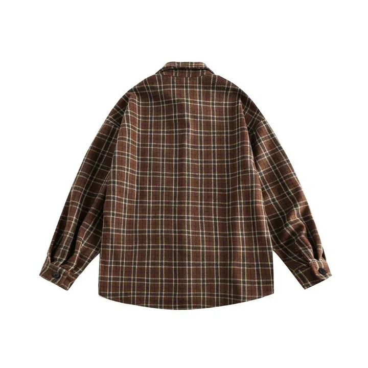 Back view of brown plaid long sleeve shirt with buttoned cuffs and casual fit